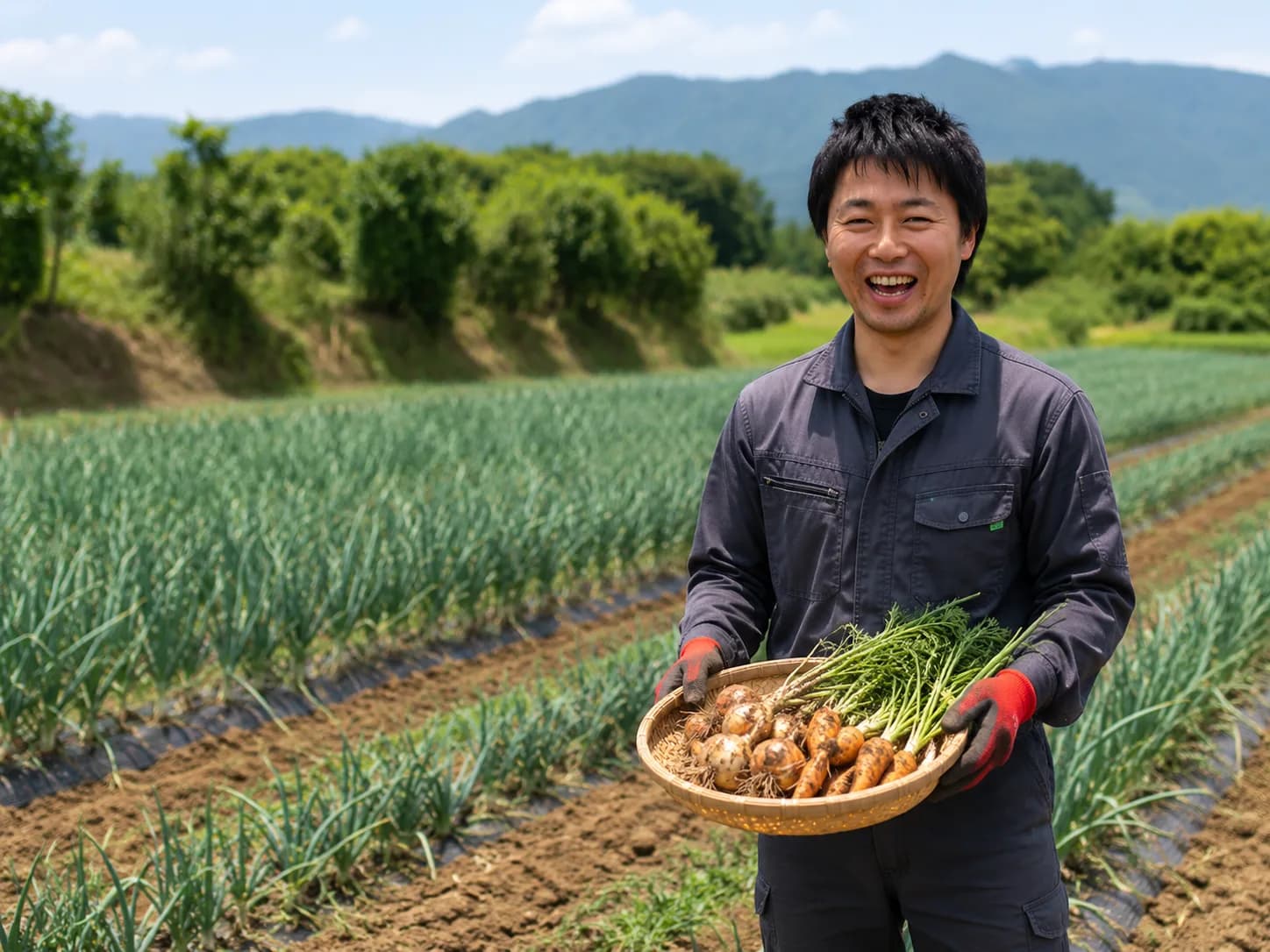 畑で収穫した玉ねぎと人参を笊に持ち、自然光のもとで笑顔を見せる田中裕一郎